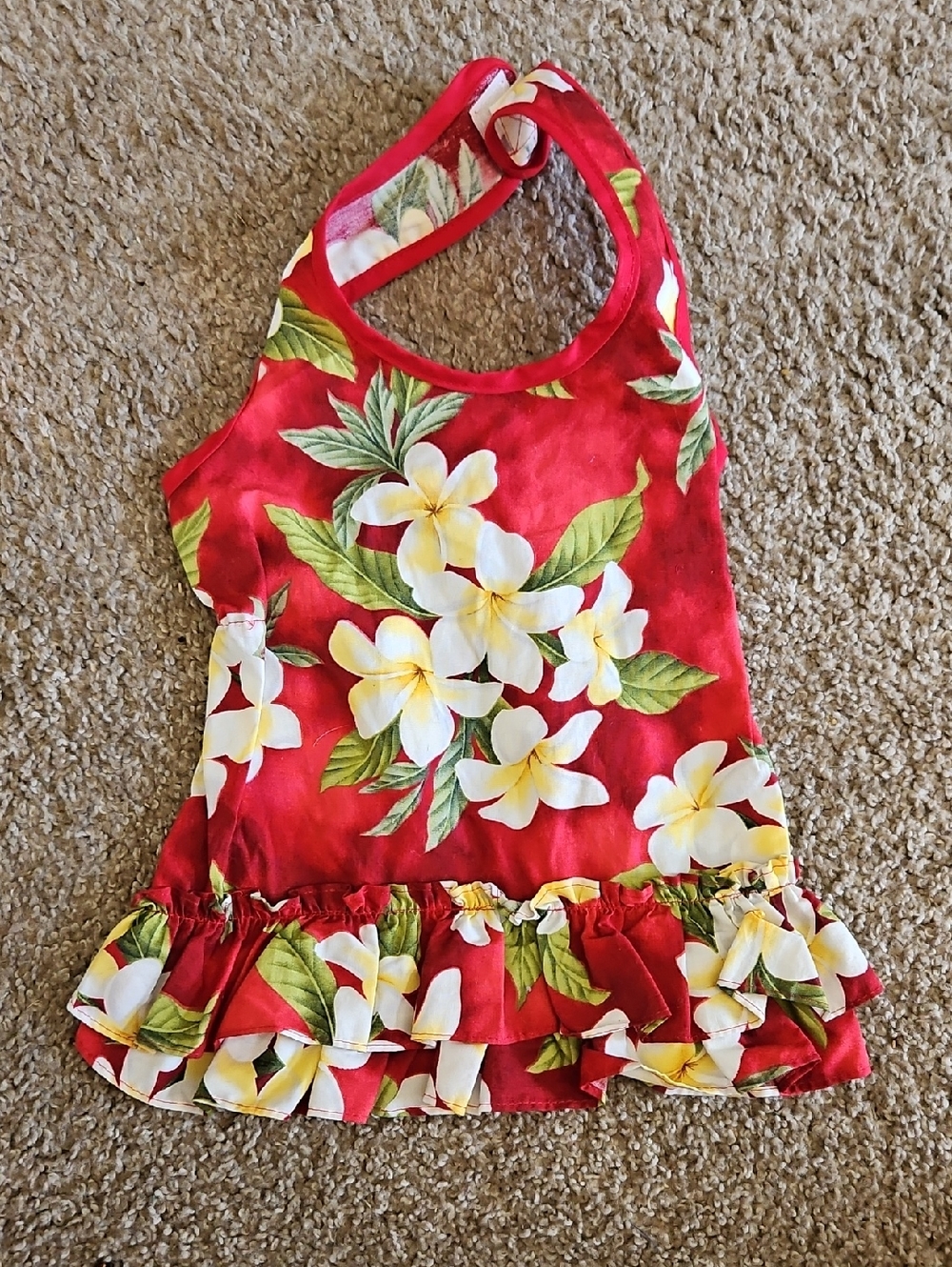 Red Floral Ruffle Dog Dress - Tropical Plumeria Print